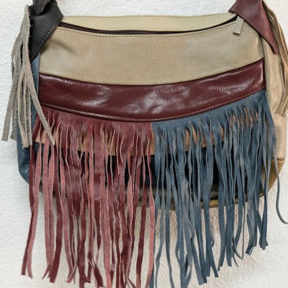 Block Fringe Genuine Leather Boho Crossbody Sling Bag - Brown and Gray Color - Picture 3 of 9